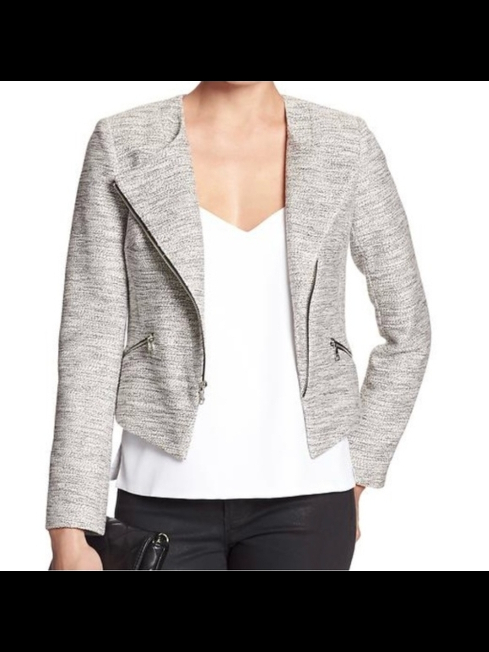 Banana Republic Gray Tweed Asymmetrical Zip Blazer Jacket